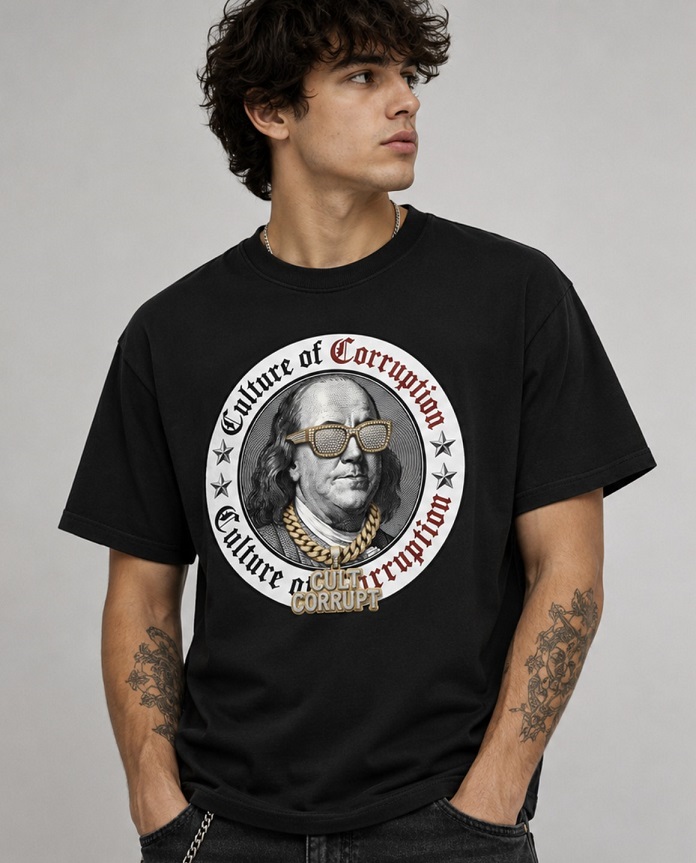 CULT CORRUPT Culture of Corruption Benjamin Franklin Graphic Streetwear T-Shirt