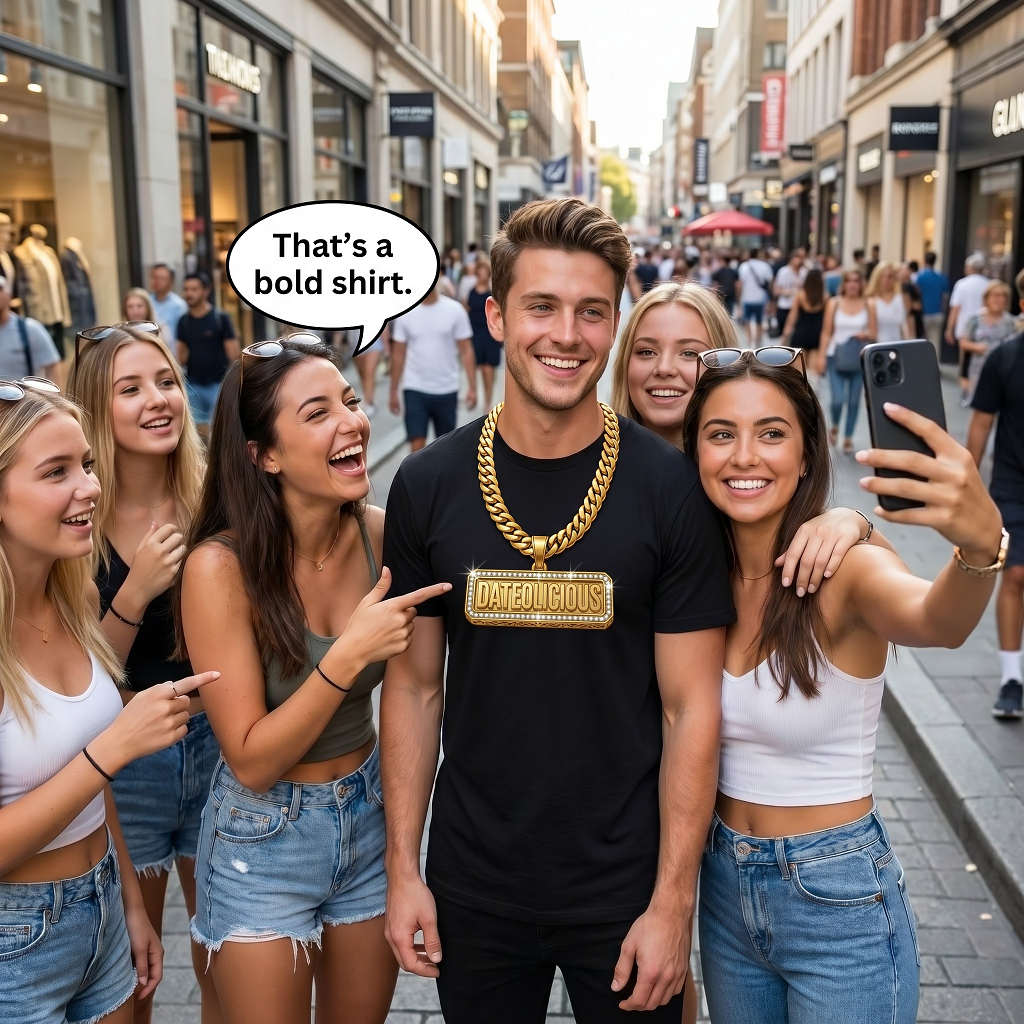 Dateolicious Gold Chain Graphic T-Shirt for Men and Women – Funny Dating Streetwear Tee