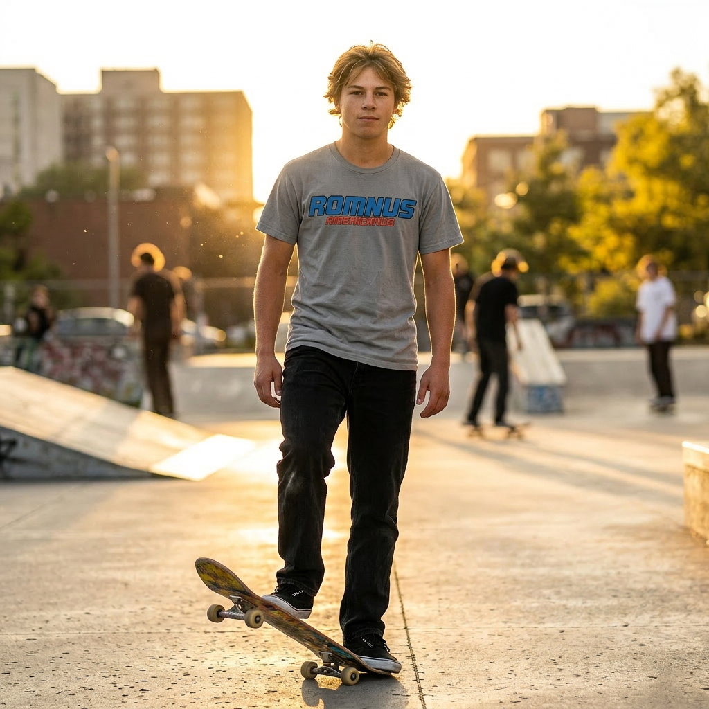 ROMNUS skateboard streetwear rider at skate park